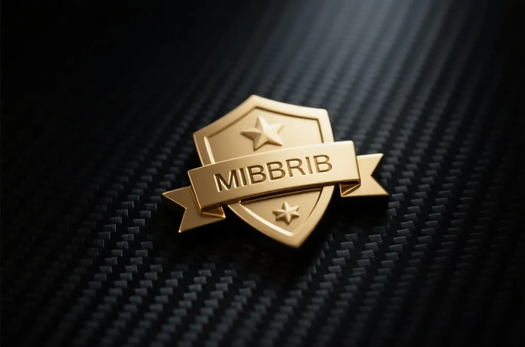 A close-up of a metallic golden emblem symbolizing membership status on a clean dark carbon fiber background