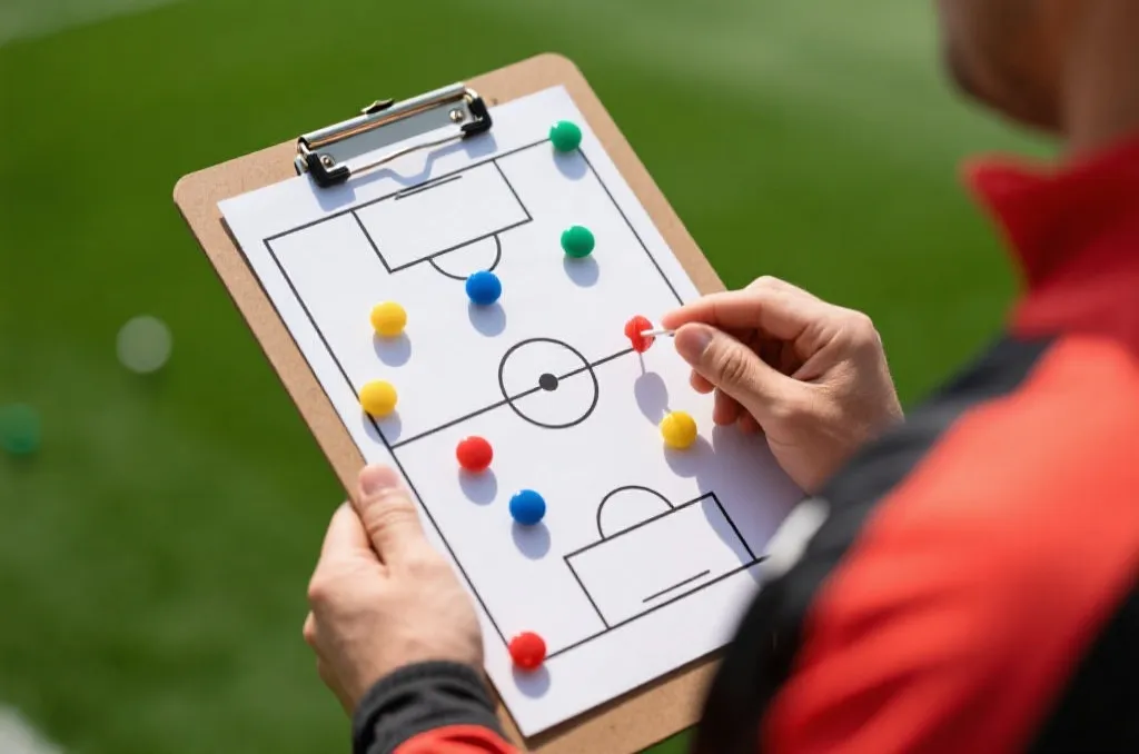 A strategic football coach clipboard with schematic tactical drawings and magnetic marker pins