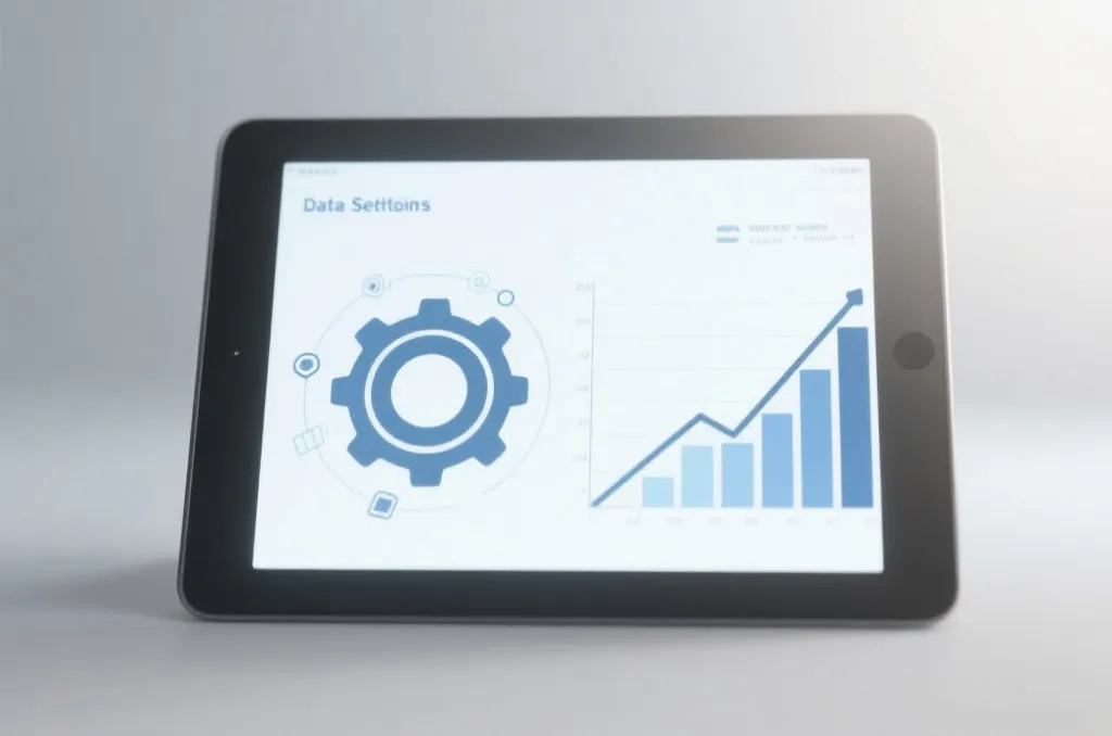 An abstract concept of data settings showing a gear icon next to a rising line graph on a sleek tablet screen, soft professional studio lighting, neutral background