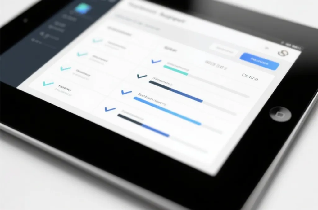 A close-up of a tablet displaying a sleek technical support dashboard with checkmarks and progress bars, minimalist style, no logos or text